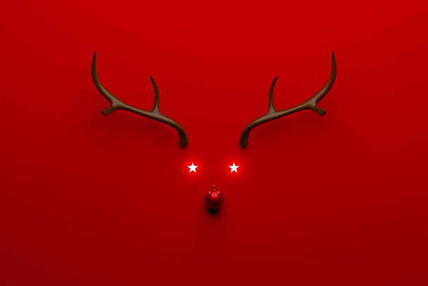 Christmas reindeer concept made of wooden and red bauble decoration and antlers on red background. 3d rendering illustration - Photo, Image
