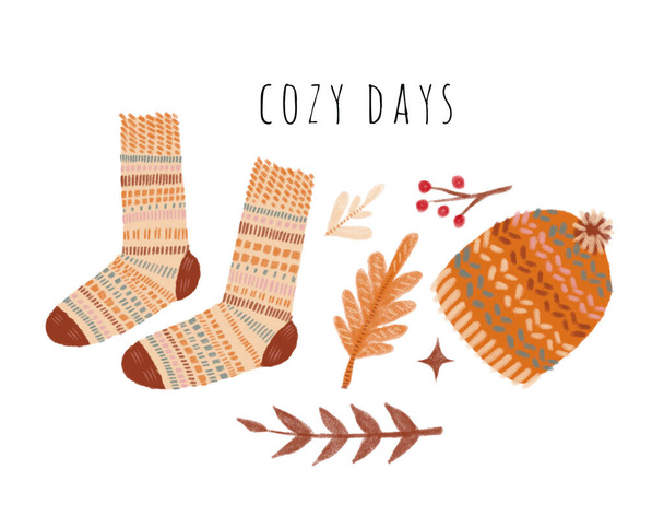 Hello autumn mood. Watercolor set with illustration of cozy days knitting socks, oak leaves, cap, acorns, branch, berries, doodles. Flat style hand drawn elements isolated on white background - Fotografie, Obrázek