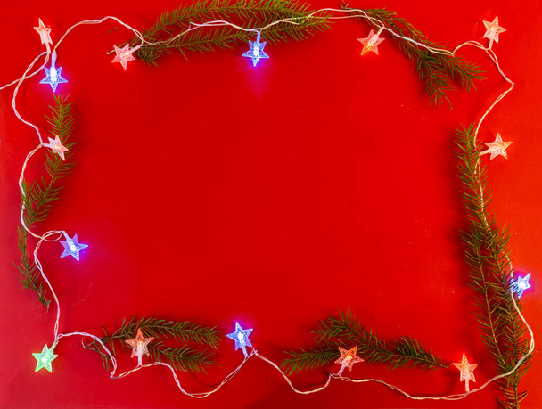 christmas and new year flat lay with copy space on red background - Foto, Bild