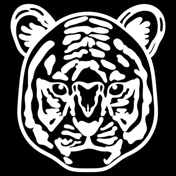  Czarno-biała ilustracja twarzy tygrysa skierowanej do przodu. Ilustracja przedstawiająca tylko twarz tygrysa zwróconą przodem.. - Zdjęcie, obraz