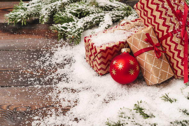 Wrapped gift for winter holidays background with copy space - Zdjęcie, obraz
