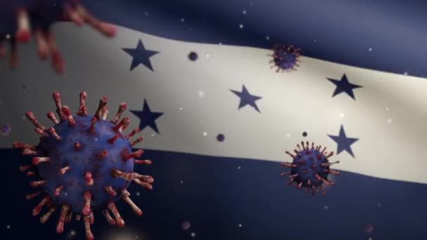 Drapeau hondurien en 3D agitant une épidémie de coronavirus infectant le système respiratoire comme une grippe dangereuse. Virus Covid 19 de type grippal avec bannière nationale Honduras soufflant fond. Concept de risque pandémique - Séquence, vidéo