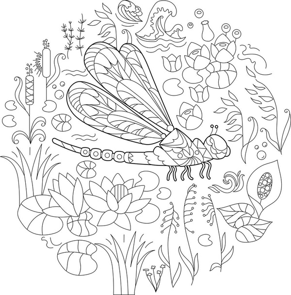 Contour linear illustration for coloring book with dragonfly in flowers. Beautiful insect,  anti stress picture. Line art design for adult or kids  in zen-tangle style, tattoo and coloring page. - Vecteur, image