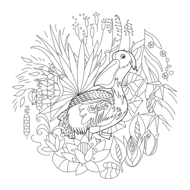 Contour linear illustration for coloring book with bird in flowers. Tropic pelican,  anti stress picture. Line art design for adult or kids  in zen-tangle style, tattoo and coloring page. - Vektor, obrázek