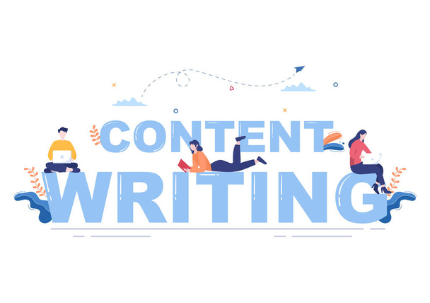 Content Writer nebo novinářka pozadí vektorové ilustrace pro kopírování psaní, výzkum, vývoj nápadů a román nebo knihy skript v plochém stylu - Vektor, obrázek