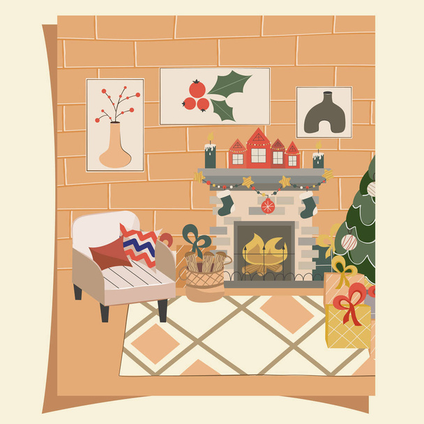 Kodikas joulun olohuone joulukuusi, takka ja skandinaavinen tyyli nojatuoli postikortilla tai juliste. Uusi vuosi koristeet, seppeleitä, sukat ja lahjat.Vektori kuvitus tasainen tyyli - Vektori, kuva