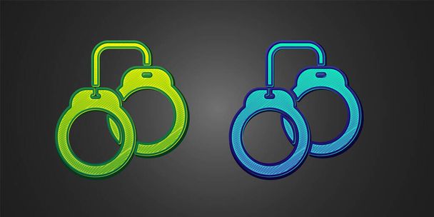 Зеленый и синий значок наручники изолированы на черном фоне. Вектор - Вектор,изображение