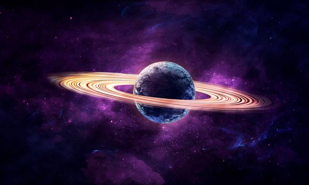 abstrakcyjna ilustracja przestrzeni, obraz 3D, renderowanie 3d, obraz tła, jasna abstrakcyjna planeta z pierścieniami na kosmicznym gwiaździstym niebie - Zdjęcie, obraz