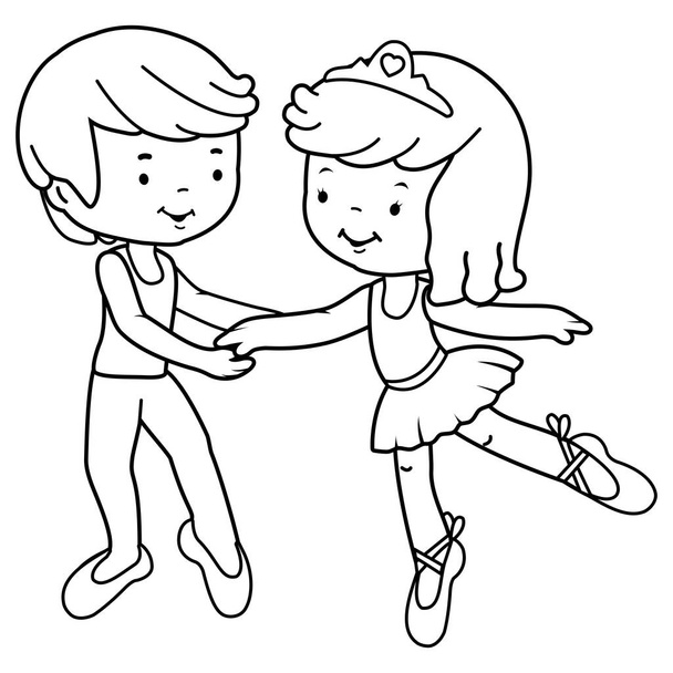Little boy and girl ballet dancers. Vector black and white coloring page - Vetor, Imagem