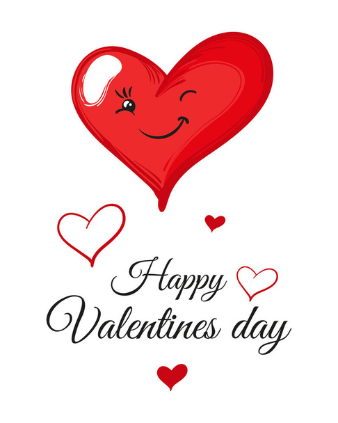 Gelukkige Valentijnsdag wenskaart met cartoon speelse rode hart karakter. Vectoransichtkaart - Vector, afbeelding