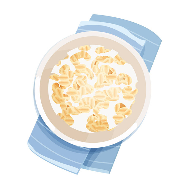 Haferbrei in Schüssel mit Milch, Plattenansicht im Cartoon-Stil isoliert auf weißem Hintergrund. Gesunder Morgen traditionelles Gericht, Frühstück. . Vektorillustration - Vektor, Bild