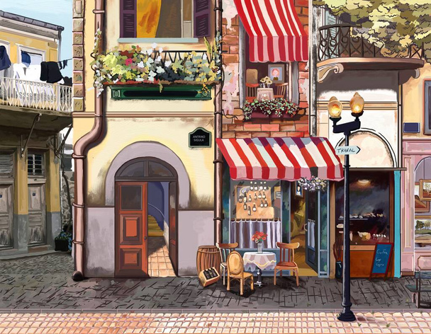Живопись. Раскрашенный фасад. Озил, яркие, маленькие домики Парижа и Румынии
. - Фото, изображение
