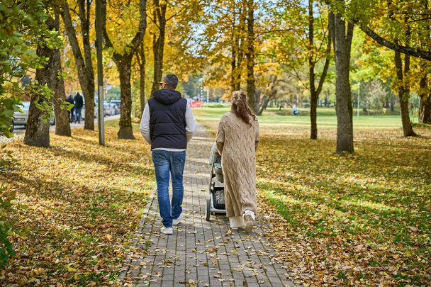 Back view of young family in the autumn park walks with a stroller. Family, parenthood, love, season and people concept. - Fotó, kép