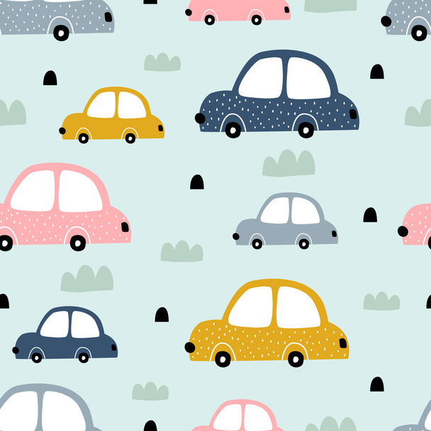 Cartoon transportation background for children Seamless Vector Pattern Cars With clump of grass Children's style hand-drawn design Used for printing, wallpaper, garments, textiles. - Vector, Image
