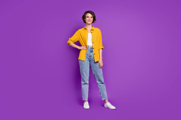 Full length body size view of attractive cheery content girl posing isolated over bright violet purple color background - Valokuva, kuva