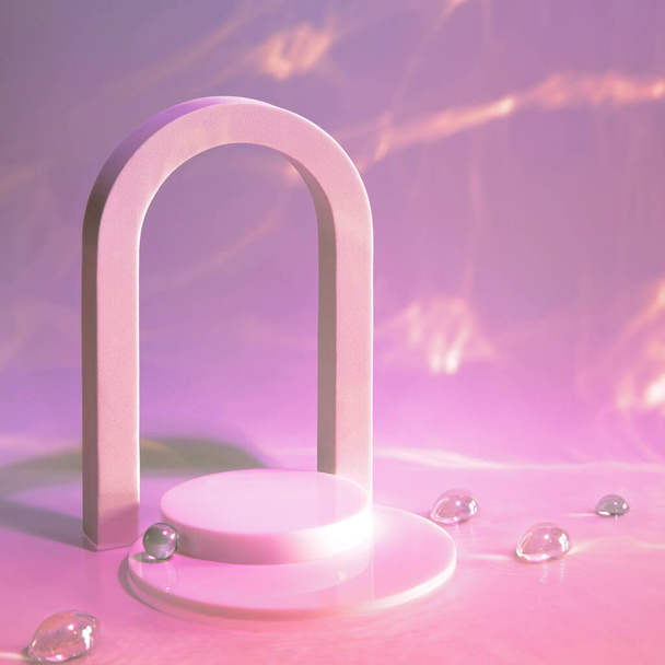 Escena surrealista abstracta: escenario vacío con podio cilindro y arco sobre fondo pastel rosa con perlas de vidrio en agua. Pedestal para cosmética, producto de belleza, presentación de maquetas de embalaje - Foto, imagen
