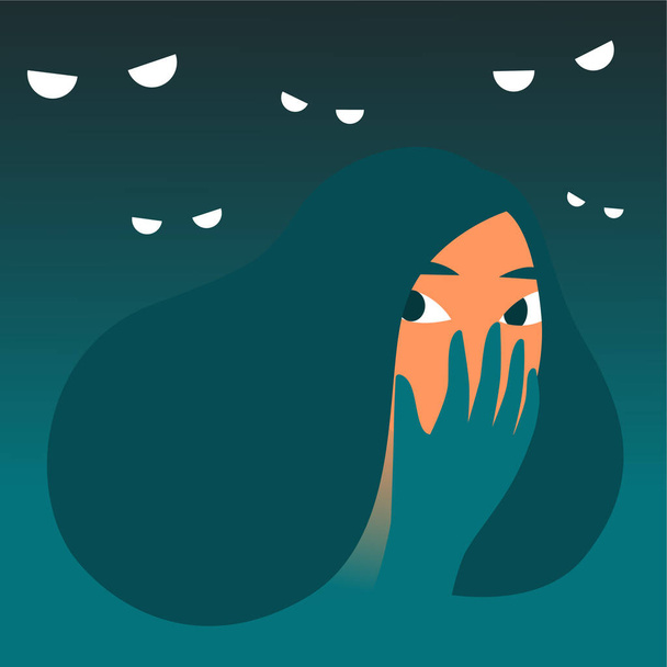Scared woman in the dark surrounded by threats. Nightmares and fears, negative emotions. Flat vector illustration. - Wektor, obraz