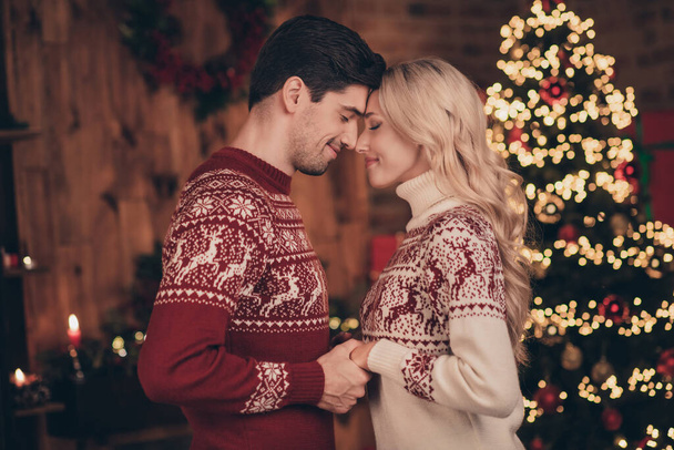 Profile side view portrait of two attractive dreamy cheerful married spouses holding hands spending festal day December indoors - Фото, изображение