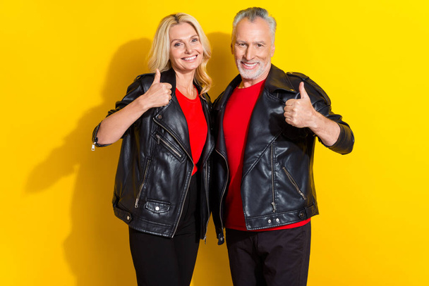 Portrait of attractive cheerful cool grey-haired spouses showing thumbup advert isolated over bright yellow color background - Fotografie, Obrázek