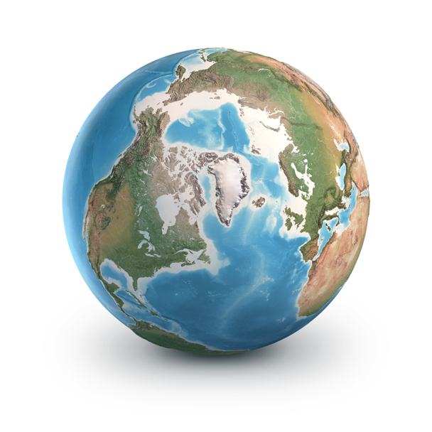 Maa-planeetta, eristyksissä valkoisella. Maantiede maailman avaruudesta, keskittynyt Pohjoisnapa, Jäämeren ja Grönlannin - 3D-kuvitus, elementtejä tämän kuvan kalustettu NASA. - Valokuva, kuva