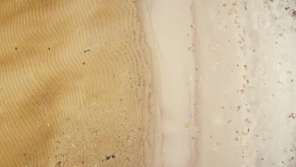 Escénica vista aérea de la parte superior del dron volar sobre la línea de costa de lago o playa de arena fina mar con agua tranquila transparente y tranquila y hojas caídas follaje en el día de otoño de verano. Scenic biege sandbank textura - Imágenes, Vídeo