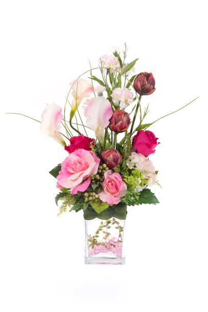 Décoration fleur artificielle en plastique avec vase en verre, cristal rose
 - Photo, image