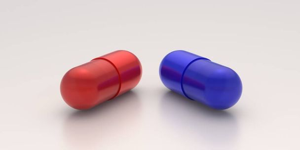 Pillen zur Behandlung von Patienten. Zwei Kapseln rot und blau in entgegengesetzter Position isoliert auf weißem Hintergrund. Vitamine Tabletten Kräutertherapie Placebo Medikamente verschreibungspflichtige Medikamentendosis. 3D-Illustration - Foto, Bild