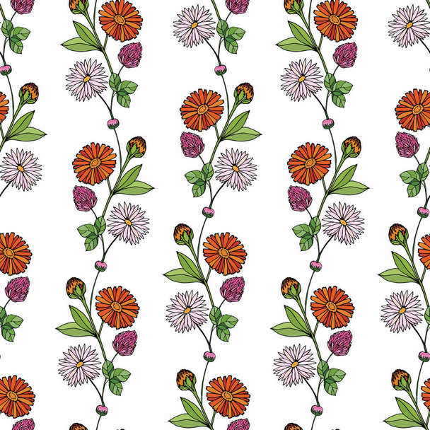 Seamless pattern with a vertical ornament of bouquets and flowers of calendula, daisy, chamomile, clover. Vector illustration for festive design, packaging, wallpaper, fabric, textile, stationery, accessories.  - Vektor, kép