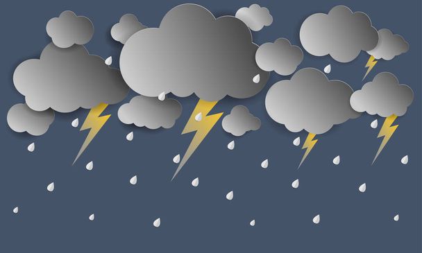 ilustración de Nube y lluvia sobre fondo oscuro. fuerte lluvia, temporada de lluvias, corte de papel y estilo artesanal. estilo de vector plano. - Vector, Imagen