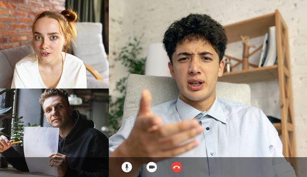 Collage of young men and girl meeting via group video call share ideas brainstorming use video conference. Collage, teamwork, teambuilding - Fotoğraf, Görsel
