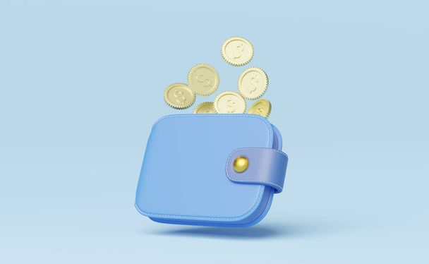Gold coin falling into wallet floating on blue background. mobile banking and Online payment service. Save dollar coin in Pig money box. Saving money wealth and business financial concept. 3d render. - Photo, Image