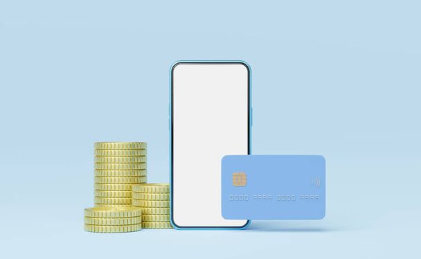 Phone with credit card, coin floating on blue background. Mobile banking and Online payment service. Saving money wealth and business financial concept. Smartphone money transfer online. 3d render. - Photo, Image