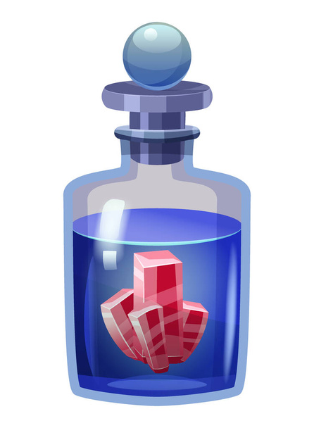 Bottle magic potion with crystal. Game icon asset, glass, liquid elixir, poisine, flask, Vector illustration cartoon for game, app UI - Vector, Image