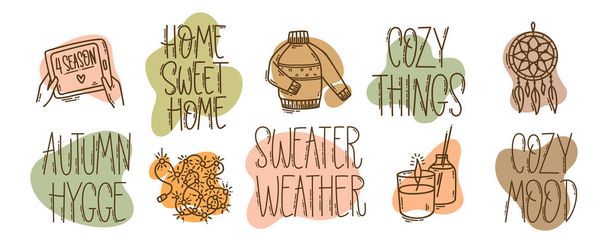 Set of hand-drawn autumn hygge mood vector icons in doodle style and lettering. Cozy cute cartoon elements collection and motivational phrases isolated on white background for seasonal decoration. - Vector, Image