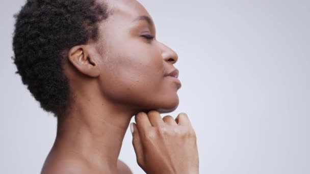 African american beauty. Profile portrait of young gorgeous black lady model stroking her neck and smiling, empty space - Video