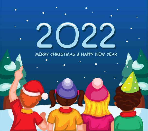 2022 Natale e festa di Capodanno con i bambini dalla vista posteriore cartone animato illustrazione vettoriale - Vettoriali, immagini