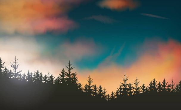Νυχτερινό δάσος και βουνά κόκκινο και μπλε νυχτερινό ουρανό και ηλιοβασίλεμα τοπίο, διανυσματική απεικόνιση. - Διάνυσμα, εικόνα