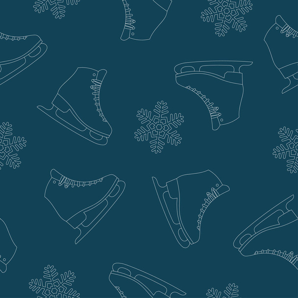 Ice skate seamless pattern. Figure skates and snowflakes on blue background. Line art - Vektör, Görsel