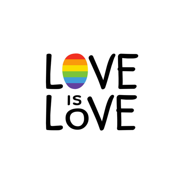 Gay Lettering. Conceptual poster with LGBT rainbow hand lettering. Colorful glitter handwritten phrase Love is Love isolated on black background. Vector typographic illustration for gay community - Vector, Image