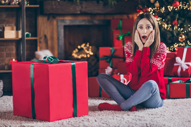 Photo of sweet shocked young woman dressed red sweater getting new year big gift box arms cheeks smiling indoors room home house - Фото, зображення
