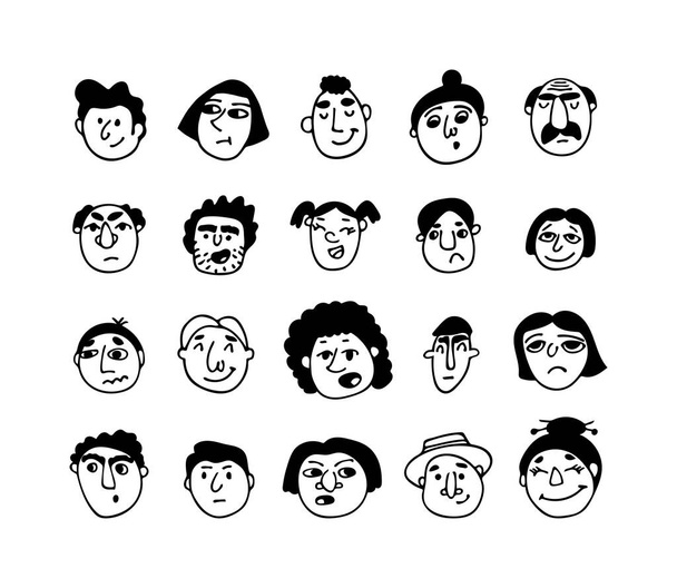 Круглые абстрактные комические векторные лица с различными эмоциями. Различные черные контуры символов изолированы на белом фоне. Ручной рисунок в стиле мультфильма. - Вектор,изображение