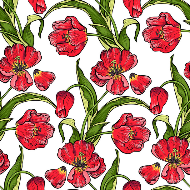 Bezešvé květinový vzor z červených tulipánů na bílém pozadí ve vektoru. Květinové pozadí pro pozvánky, blahopřání, textil, balení, scrapbooking. Design prvku kytice z červených tulipánů. - Vektor, obrázek