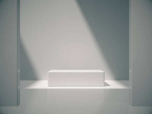 Pedestal para la exhibición, plataforma para el diseño, producto en blanco, sitio blanco y luz lateral.Representación 3D. - Foto, Imagen