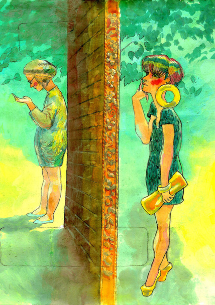 Portrait of two slender young girls in glamorous and casual outfits standing against a wooden wall, painted with gouache in bright colors - Foto, immagini
