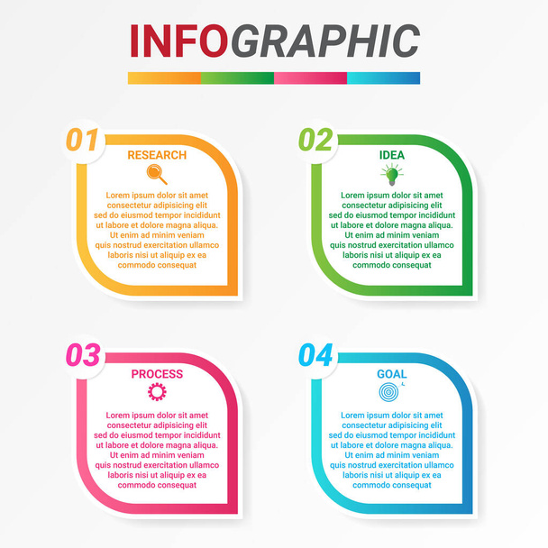 インフォグラフィックビジネスモデルのコンセプトには4つの段階があります。4つのカラフルなグラフィック要素です。パンフレット、プレゼンテーションのタイムラインデザイン。インフォグラフィックデザインレイアウト. - ベクター画像