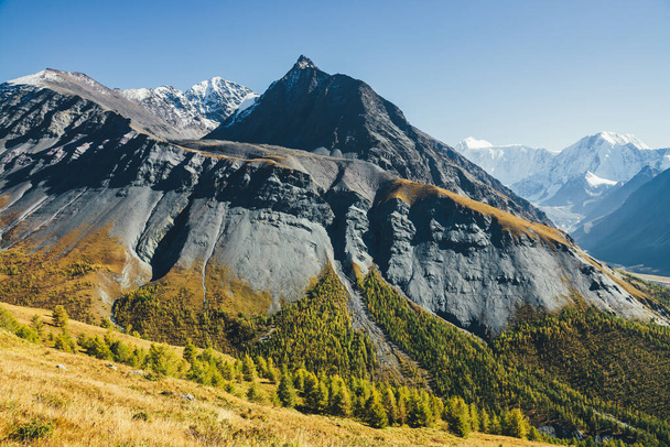 Мальовничий альпійський пейзаж з гострою гірською вершиною та засніженою горою на сонячному світлі восени. Моторошні гірські пейзажі з сірою чорно-помаранчевою горою з гострим верхом на сонці над осіннім лісом
 - Фото, зображення