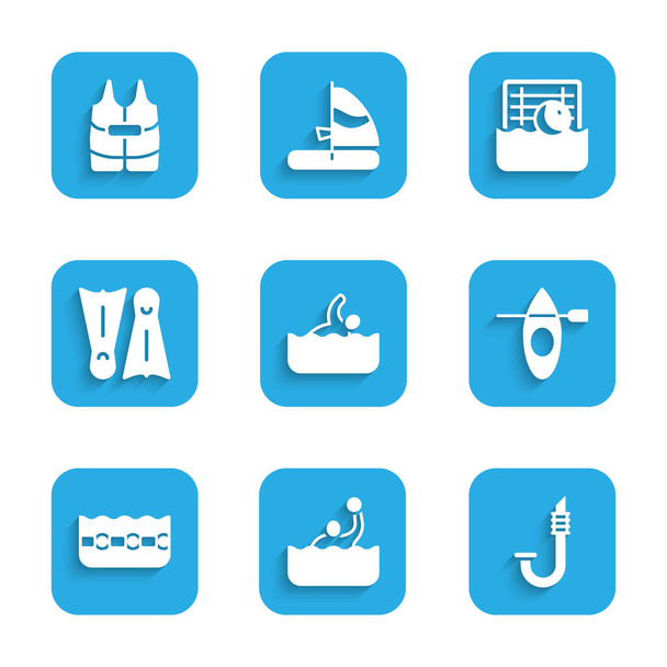 Set Nadador, waterpolo, snorkel, kayak y paddle, piscina, aletas para nadar e icono del chaleco salvavidas. Vector - Vector, Imagen