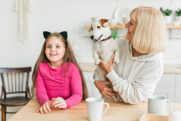 Happy granddaughter and grandmother in the kitchen with jack russell terrier dog. Grandma and grandchild spend time together at home. Senior people, family and generation concept. - Φωτογραφία, εικόνα