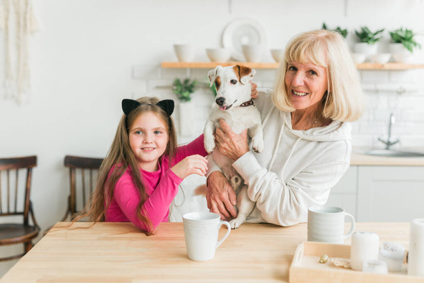 Happy granddaughter and grandmother in the kitchen with jack russell terrier dog. Grandma and grandchild spend time together at home. Senior people, family and generation concept. - Foto, Imagen