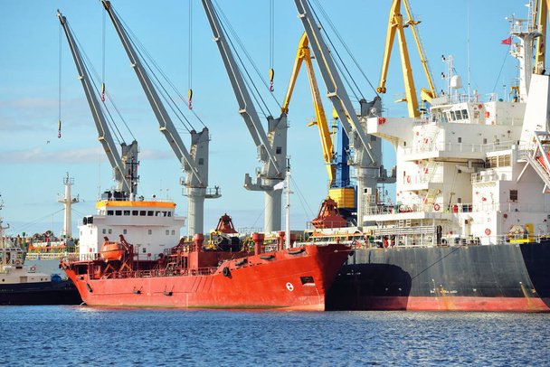 港湾ターミナルに貨物船が積み込まれます。背景に鶴。バルト海。バンカー、燃料、発電、供給、技術、物流、サービス、産業、ビジネス、商業 - 写真・画像